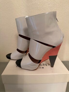 Chloe White Patent Leather Cutout Ankle Boots with Coral and Grey Accents